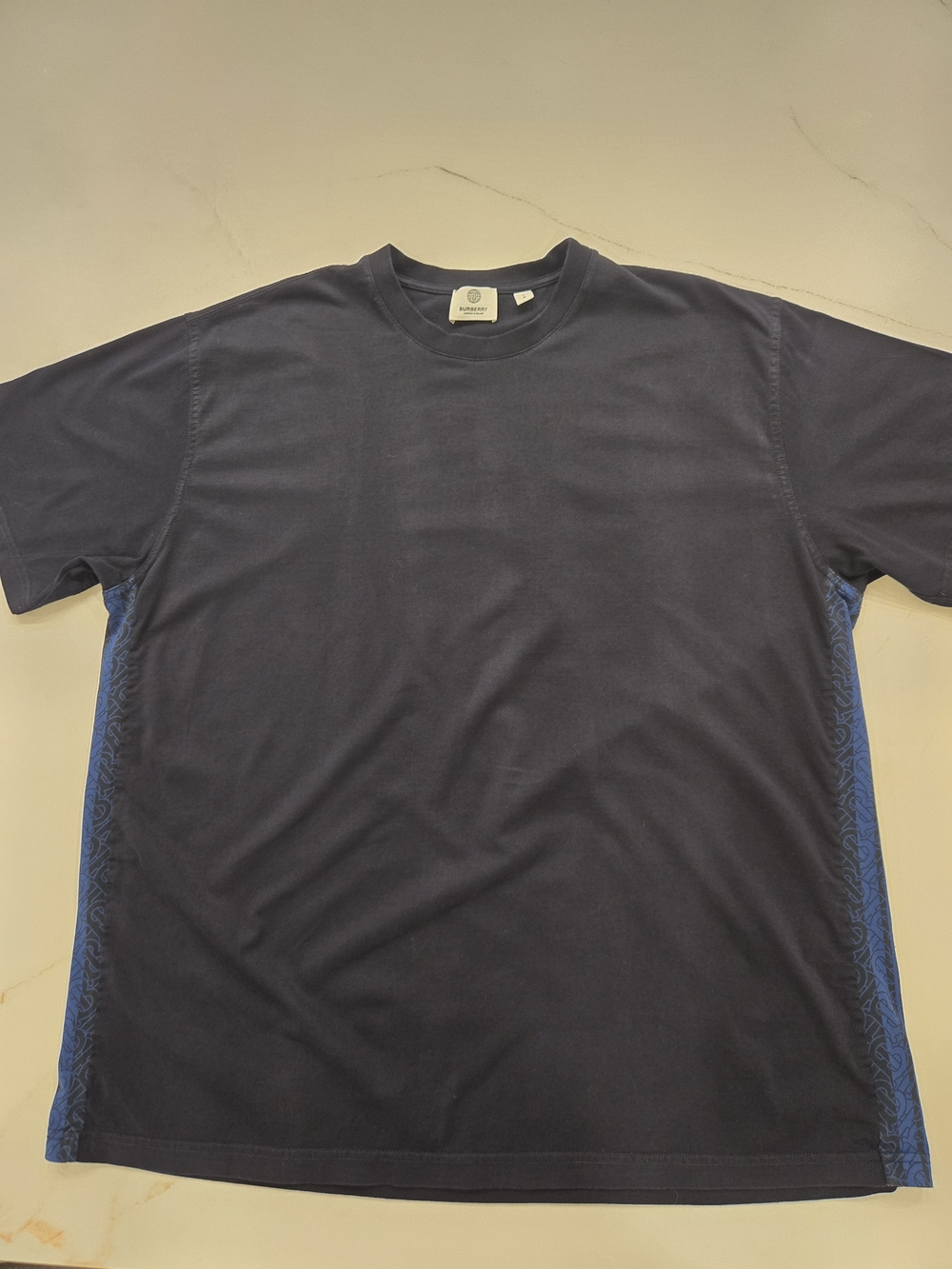 Burberry Navy Short Sleeve Tee with Patterned Side Panels